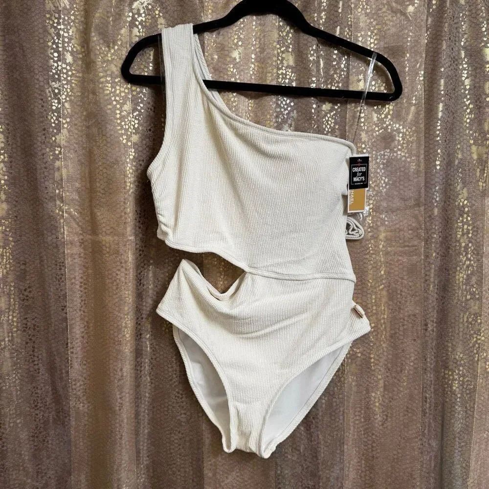Michael Kors Ivory Bone Ribbed One Shoulder Cutout Swimsuit 12 NWT